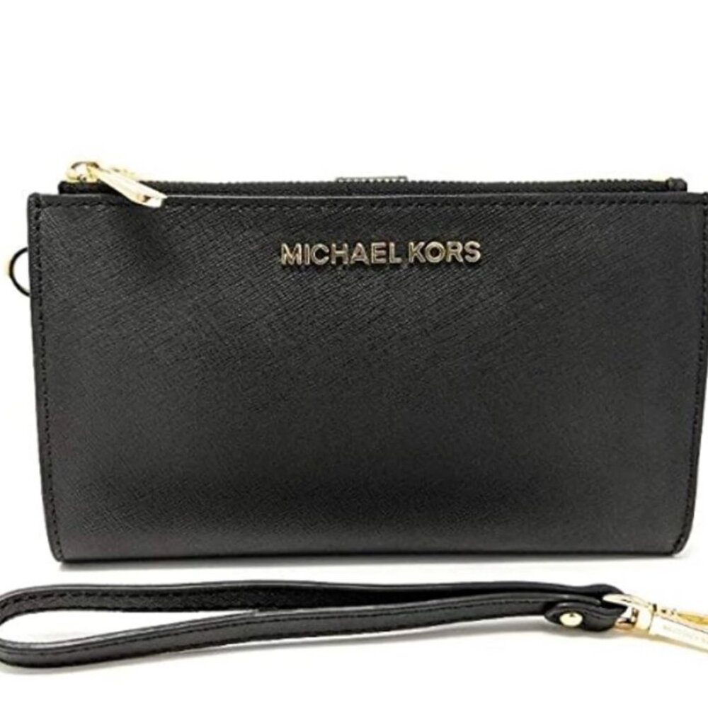 Michael Kors Jet Set Travel Double Zip Wristlet Black Saffiano Wallet Leather - Picture 2 of 15